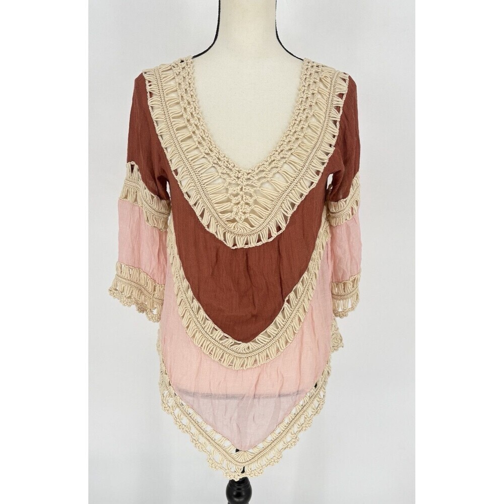 Color Swatch Crochet Lace Tunic Blouse Women's Medium Brown Pink Boho Festival